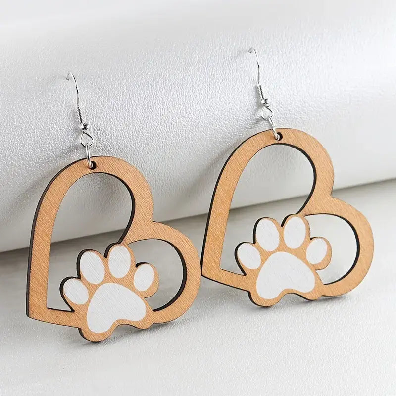 Wooden Heart Shaped Paw Earrings