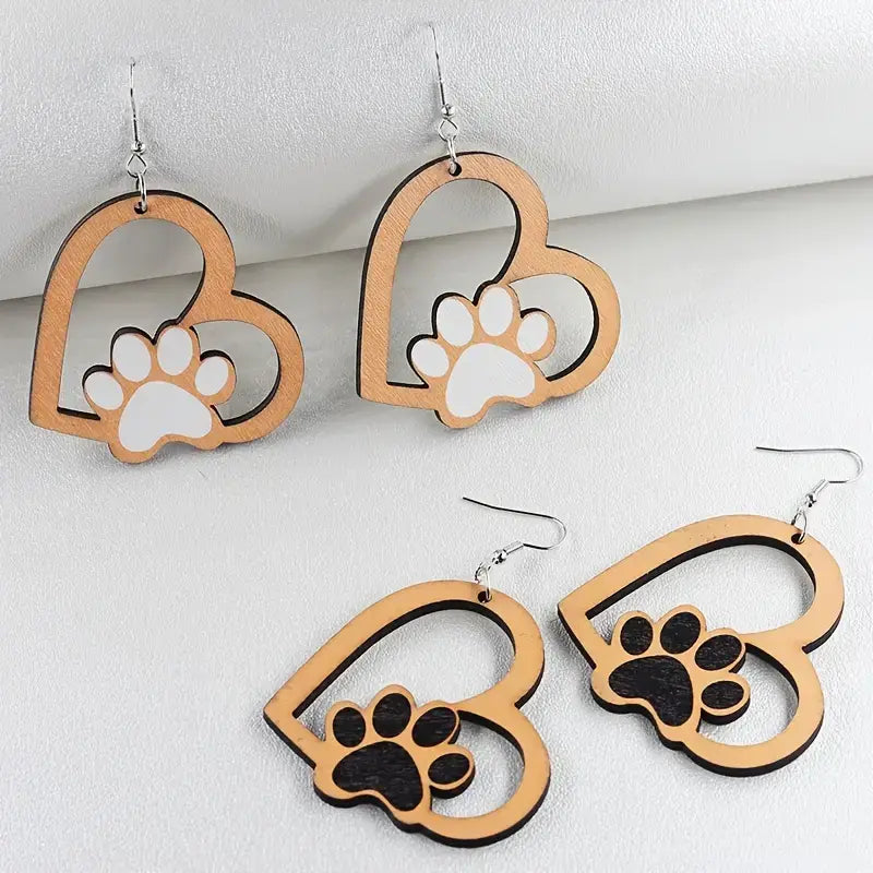 Wooden Heart Shaped Paw Earrings